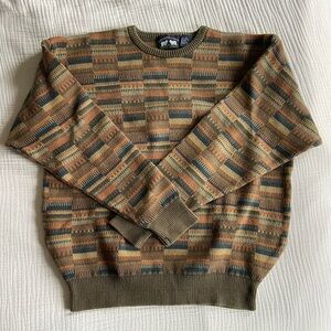 Woods & Gray Olive Tan Blue Geometric Crewneck 100% Cotton Sweater
